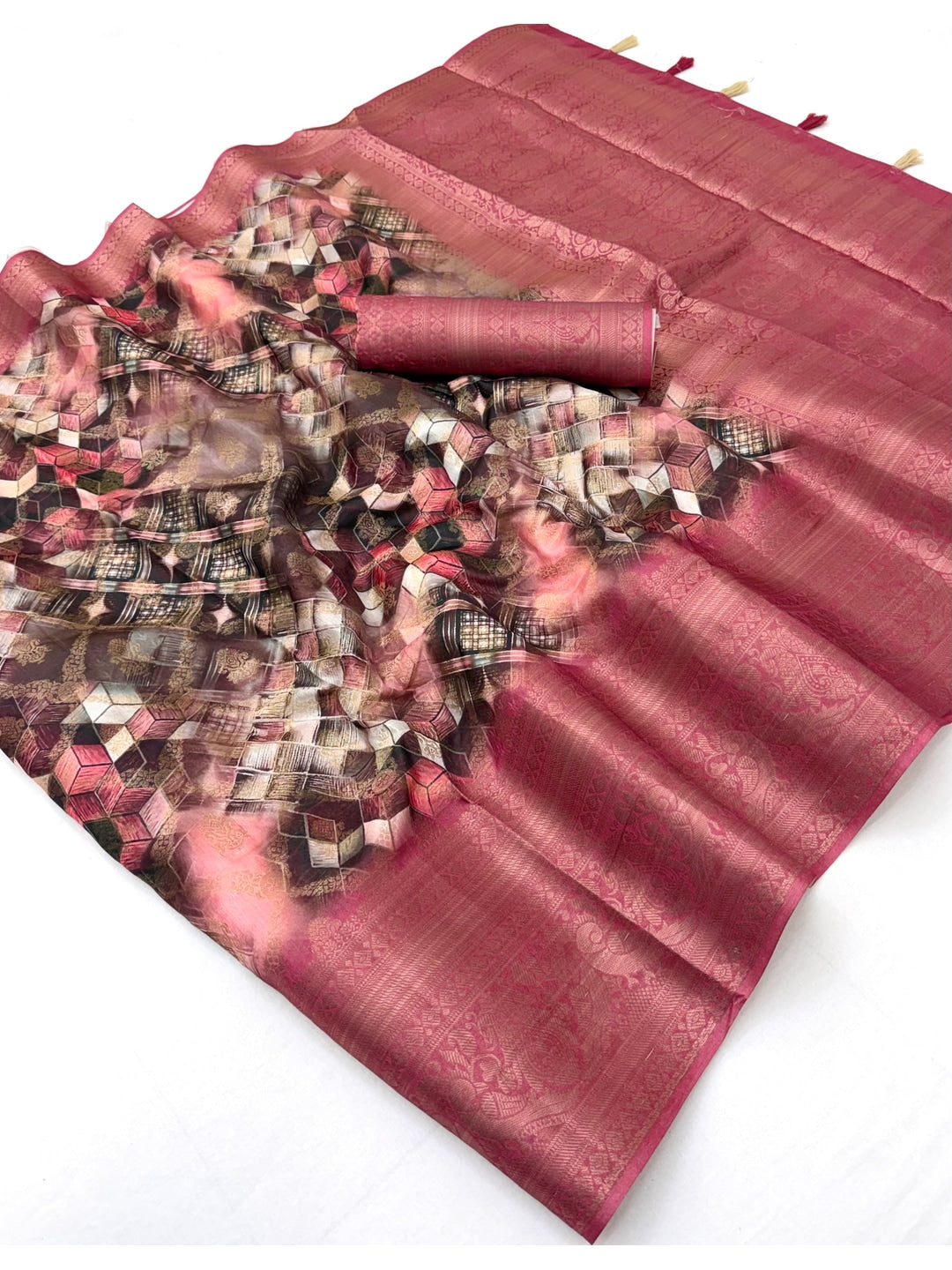 Peachmode Rose Geometric Printed Woven Art Silk Saree - Image 3