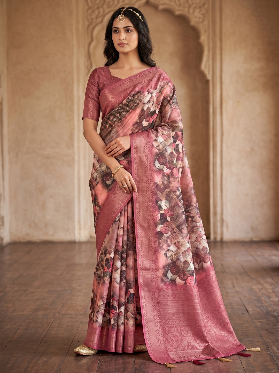 Peachmode Rose Geometric Printed Woven Art Silk Saree - Image 1