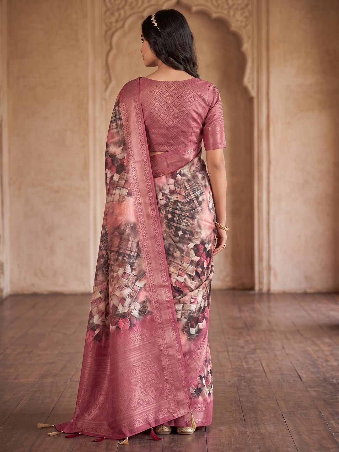 Peachmode Rose Geometric Printed Woven Art Silk Saree - Image 5
