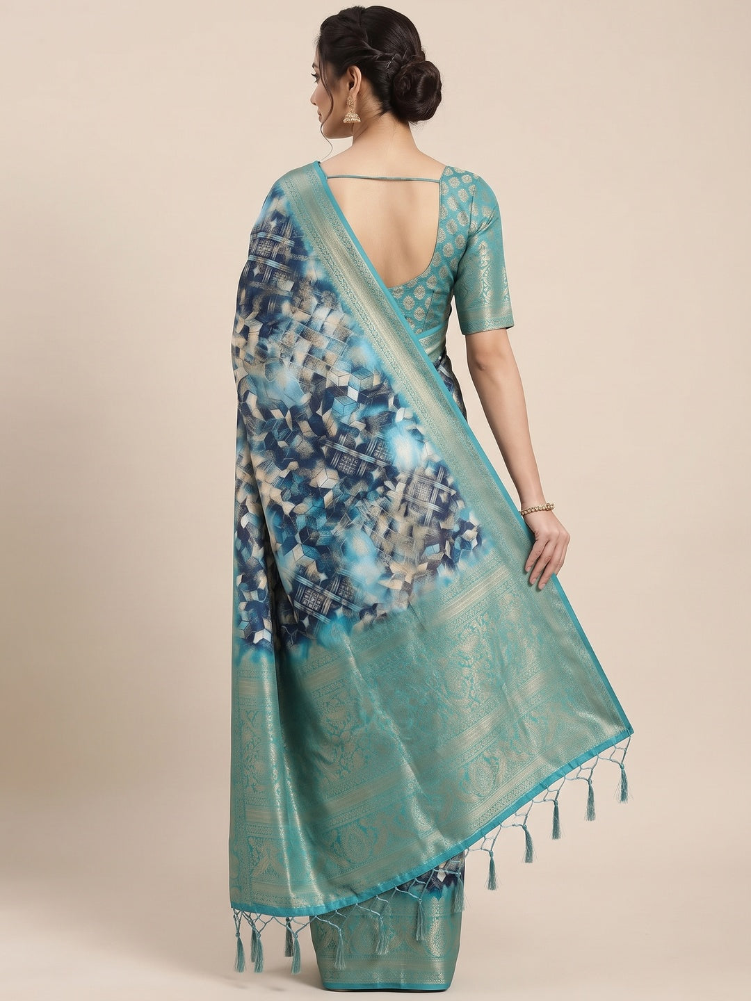 Peachmode Teal Geometric Printed Woven Art Silk Saree - Image 5
