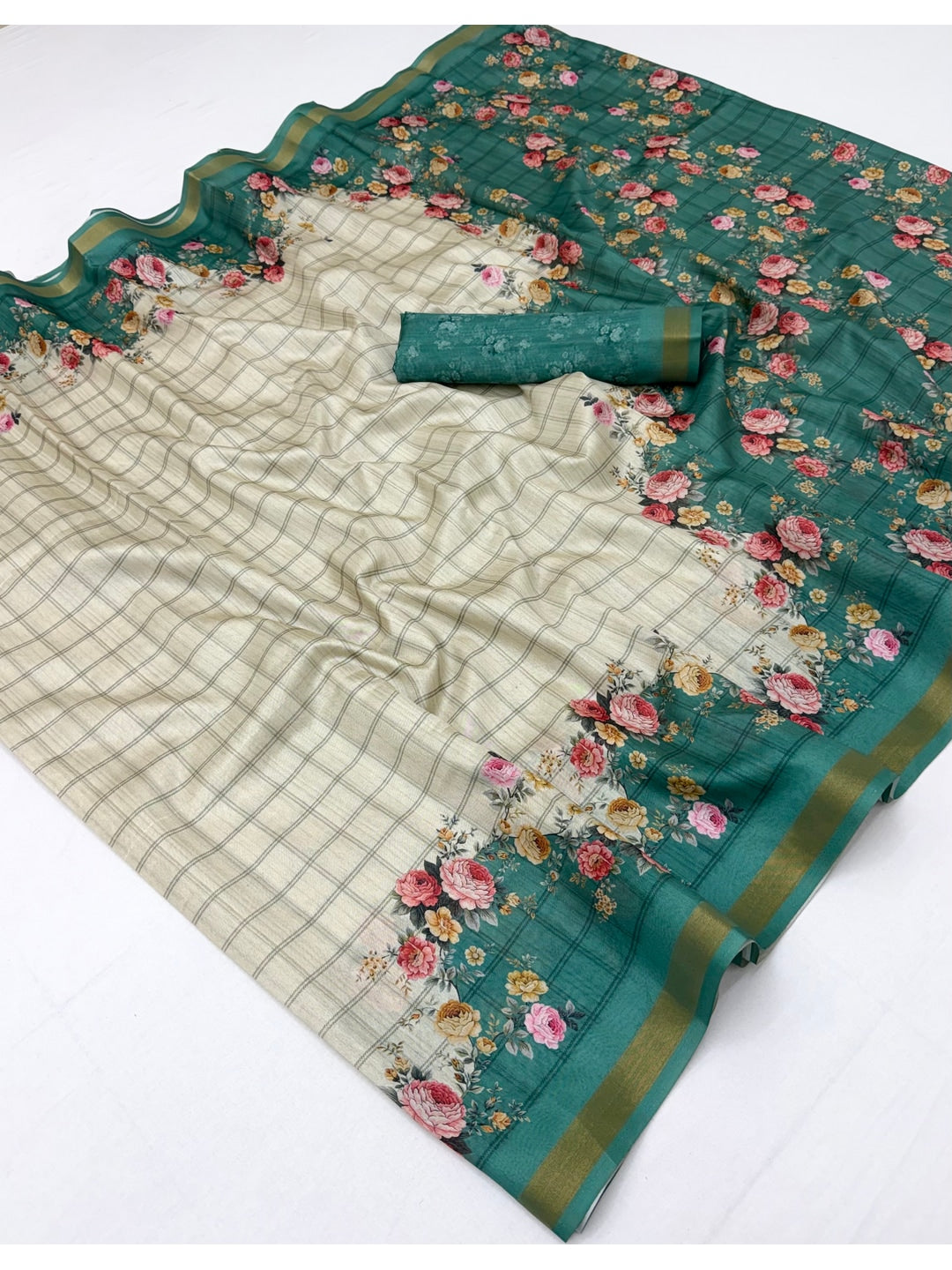 Peachmode Teal Floral Printed Cotton Silk Saree - Image 3