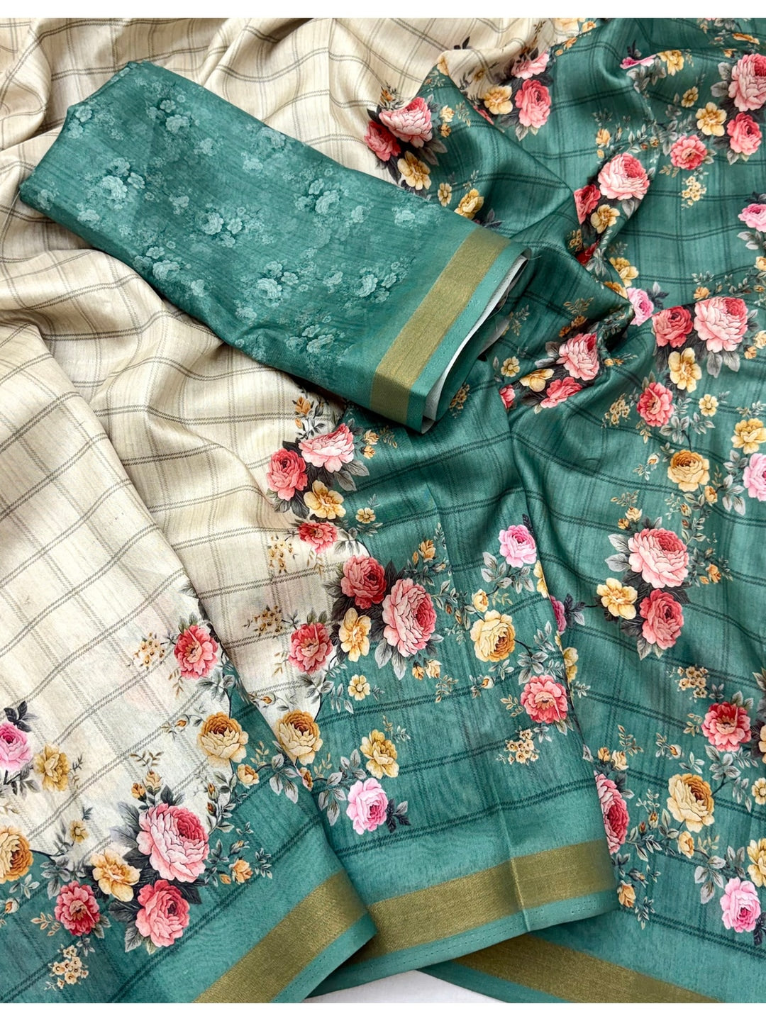 Peachmode Teal Floral Printed Cotton Silk Saree - Image 4