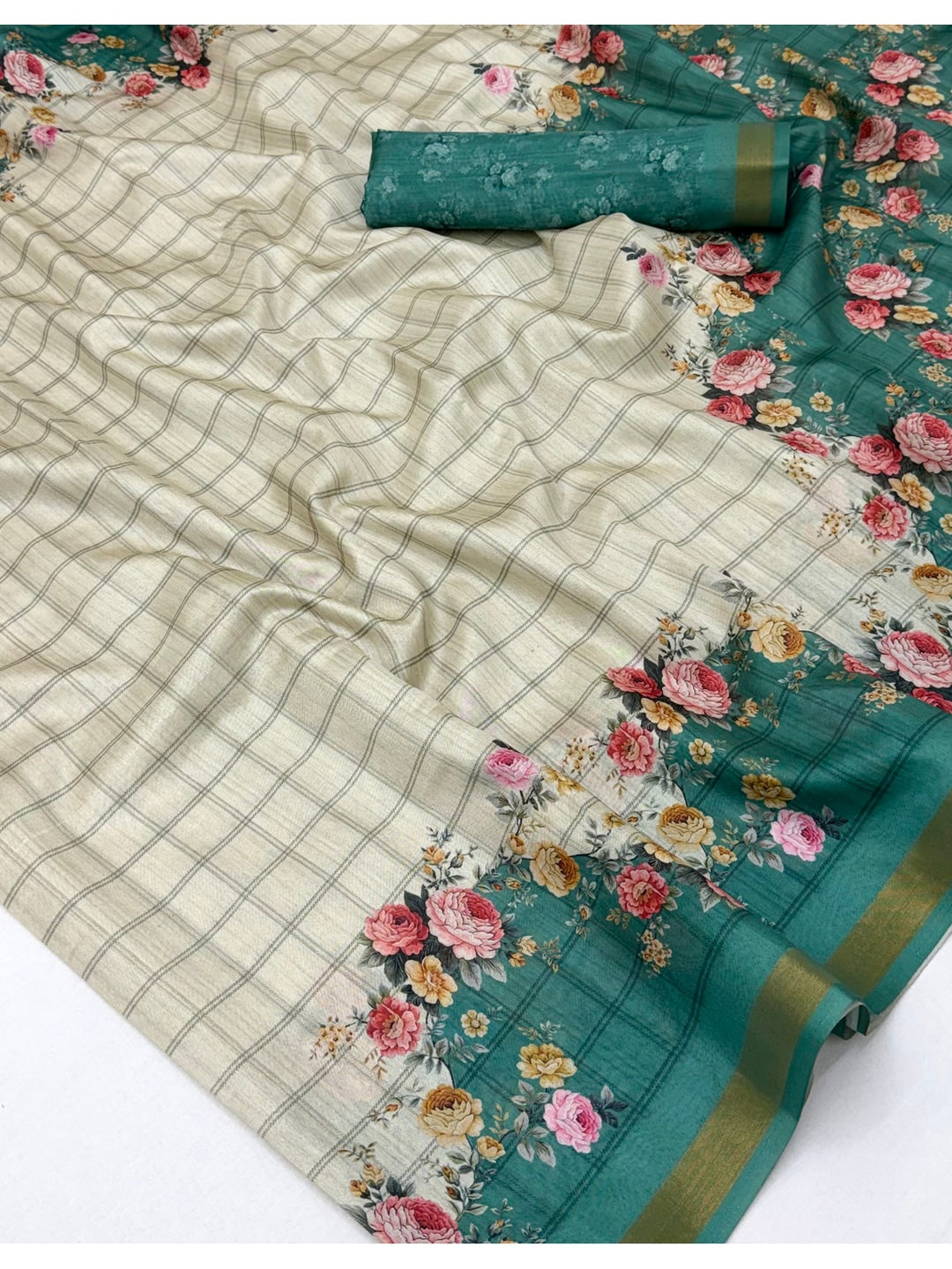 Peachmode Teal Floral Printed Cotton Silk Saree - Image 5