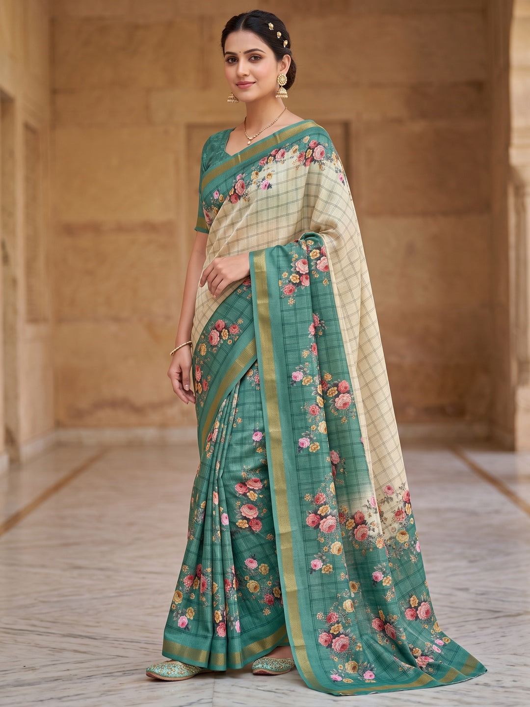 Peachmode Teal Floral Printed Cotton Silk Saree - Image 1