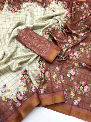 Peachmode Rust Floral Printed Cotton Silk Saree - Image 2