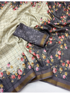 Peachmode Grey Floral Printed Cotton Silk Saree - Image 2