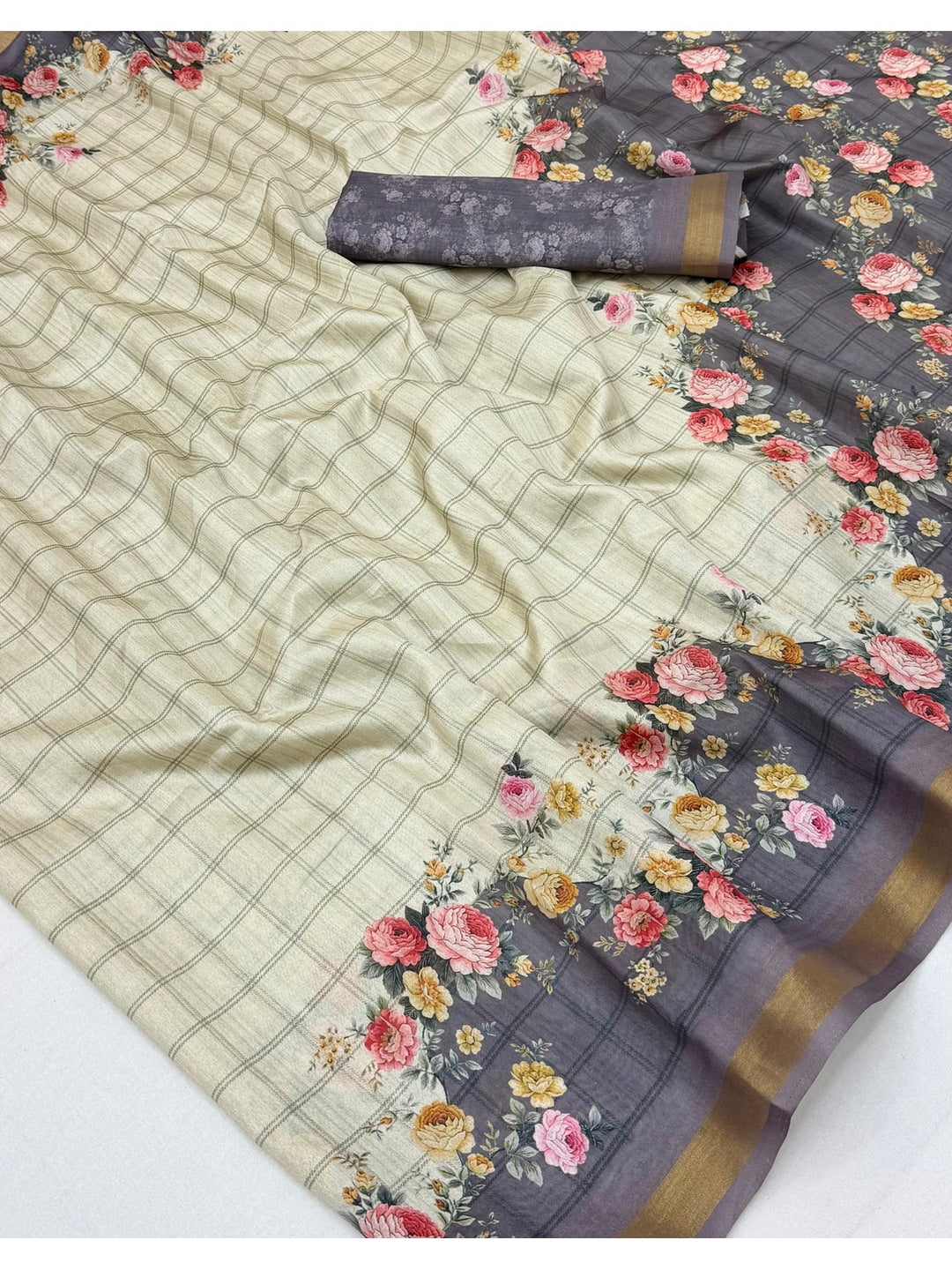 Peachmode Grey Floral Printed Cotton Silk Saree - Image 5