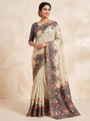 Peachmode Grey Floral Printed Cotton Silk Saree - Image 1