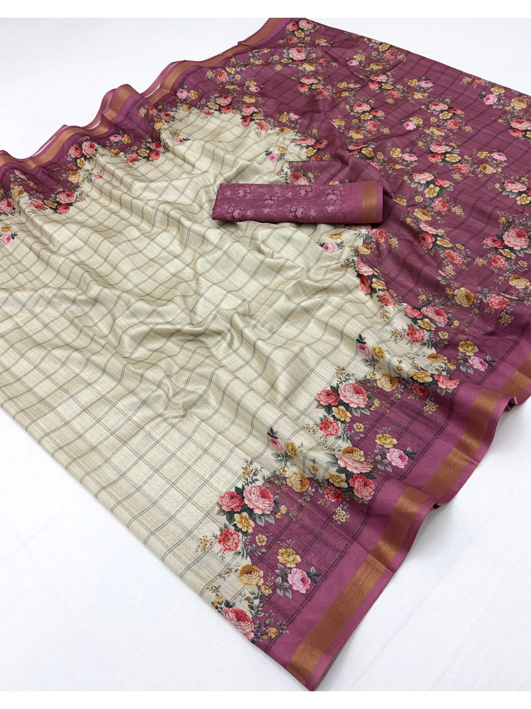 Peachmode Mauve Floral Printed Cotton Silk Saree - Image 3