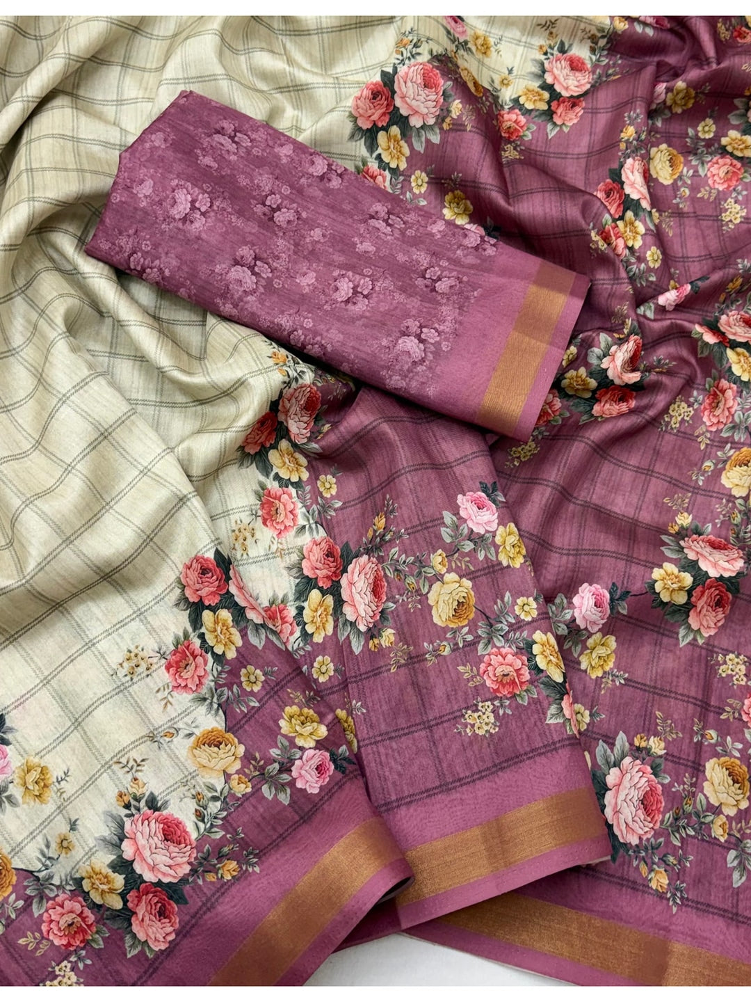 Peachmode Mauve Floral Printed Cotton Silk Saree - Image 4