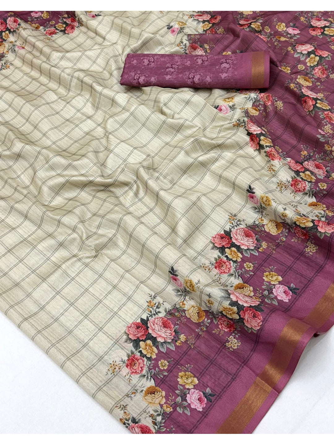 Peachmode Mauve Floral Printed Cotton Silk Saree - Image 5