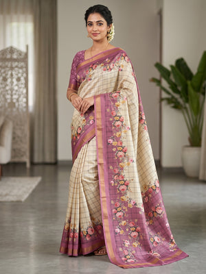 Peachmode Mauve Floral Printed Cotton Silk Saree - Image 1