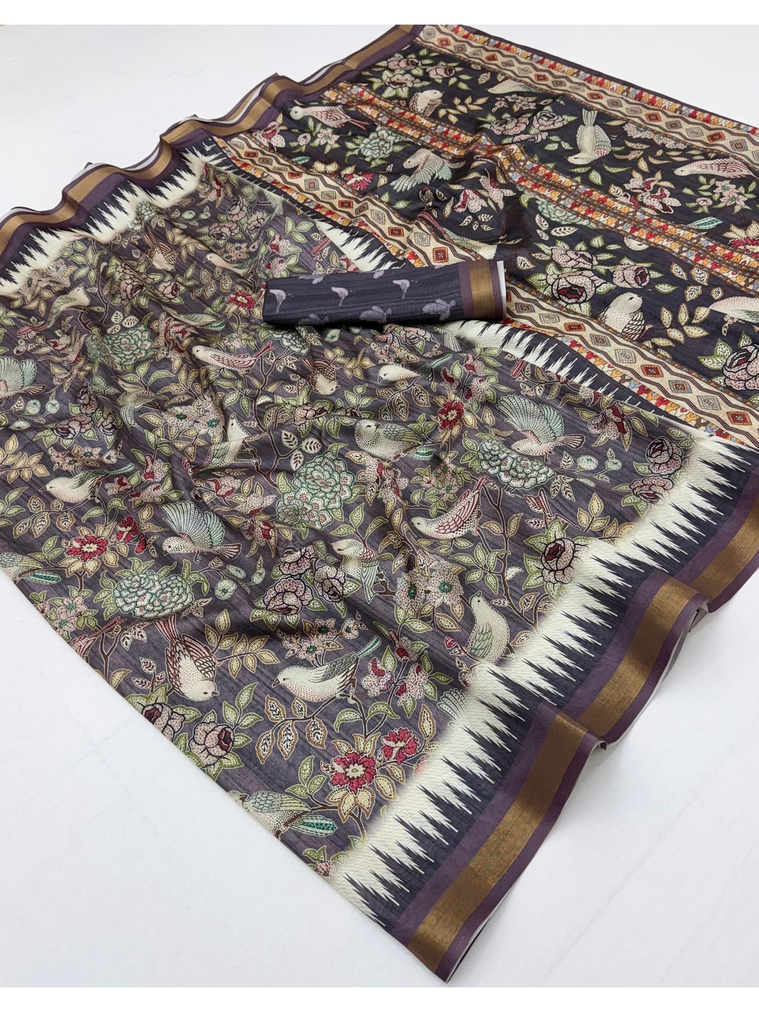 Peachmode Charcoal Botanical Printed Silk Blend Saree - Image 2