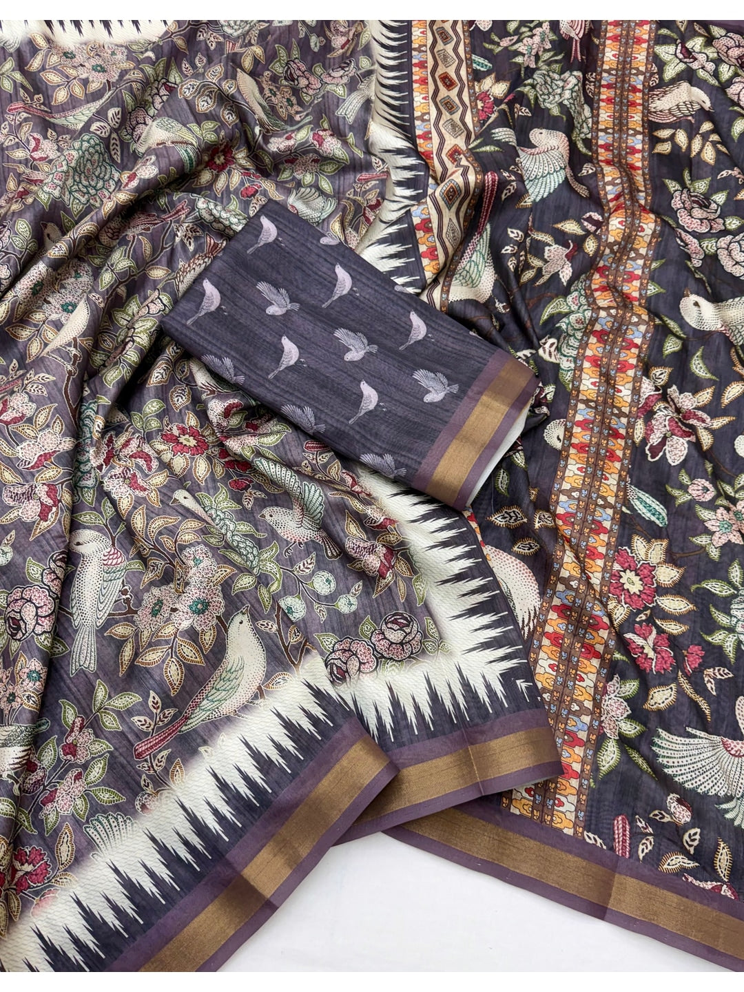 Peachmode Charcoal Botanical Printed Silk Blend Saree - Image 3