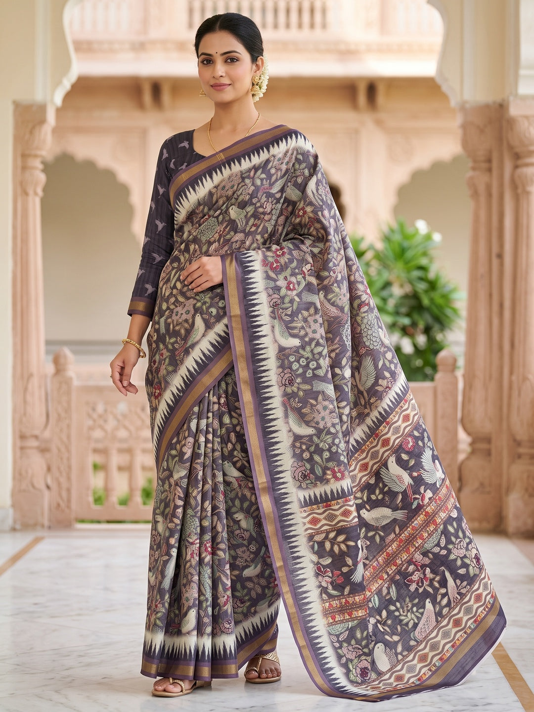 Peachmode Charcoal Botanical Printed Silk Blend Saree - Image 1