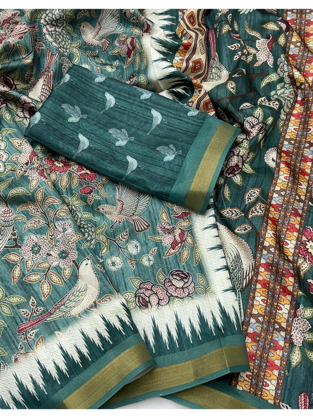 Peachmode Teal Botanical Printed Silk Blend Saree - Image 4