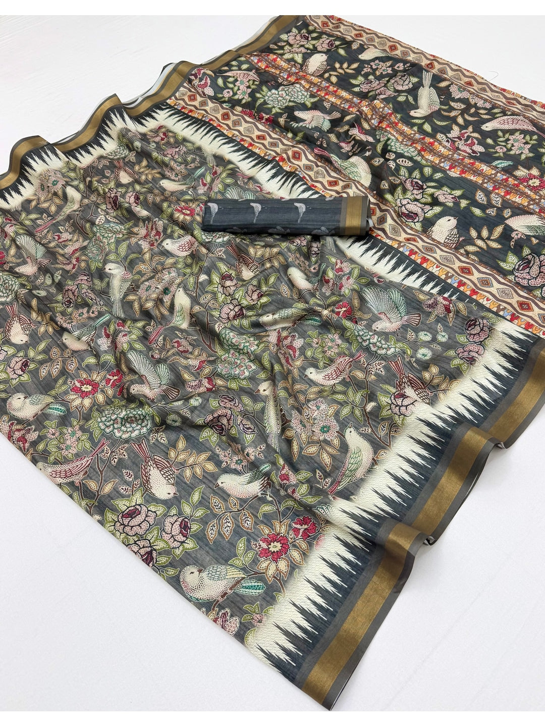 Peachmode Olive Botanical Printed Silk Blend Saree - Image 3