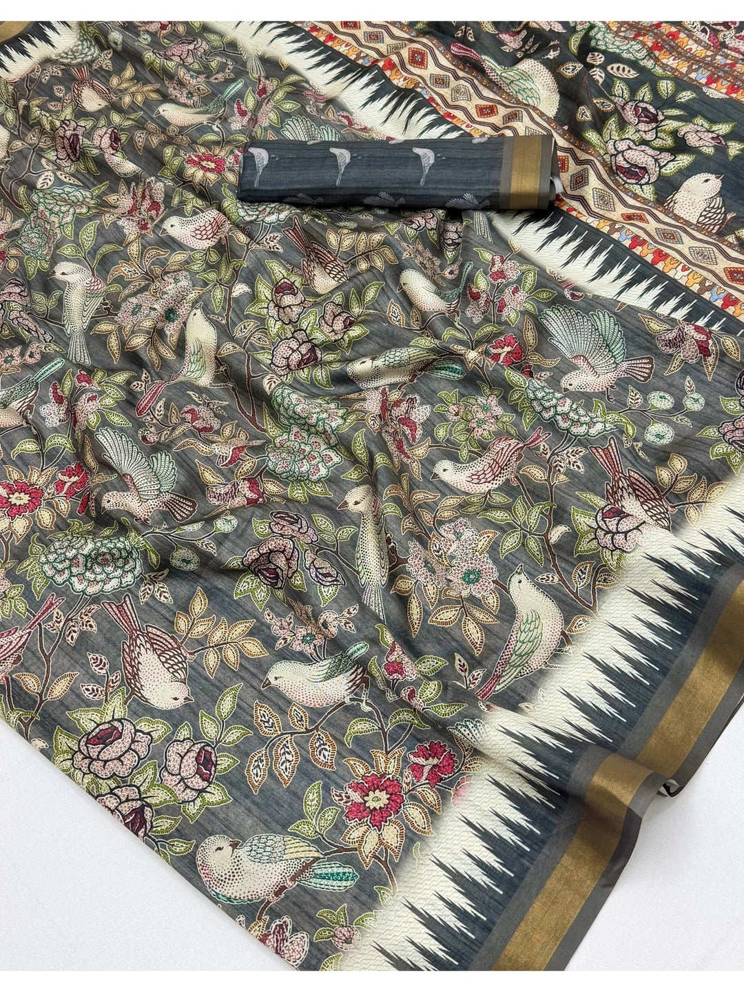 Peachmode Olive Botanical Printed Silk Blend Saree - Image 5