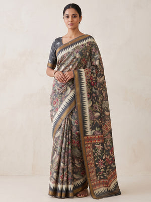 Peachmode Olive Botanical Printed Silk Blend Saree - Image 1