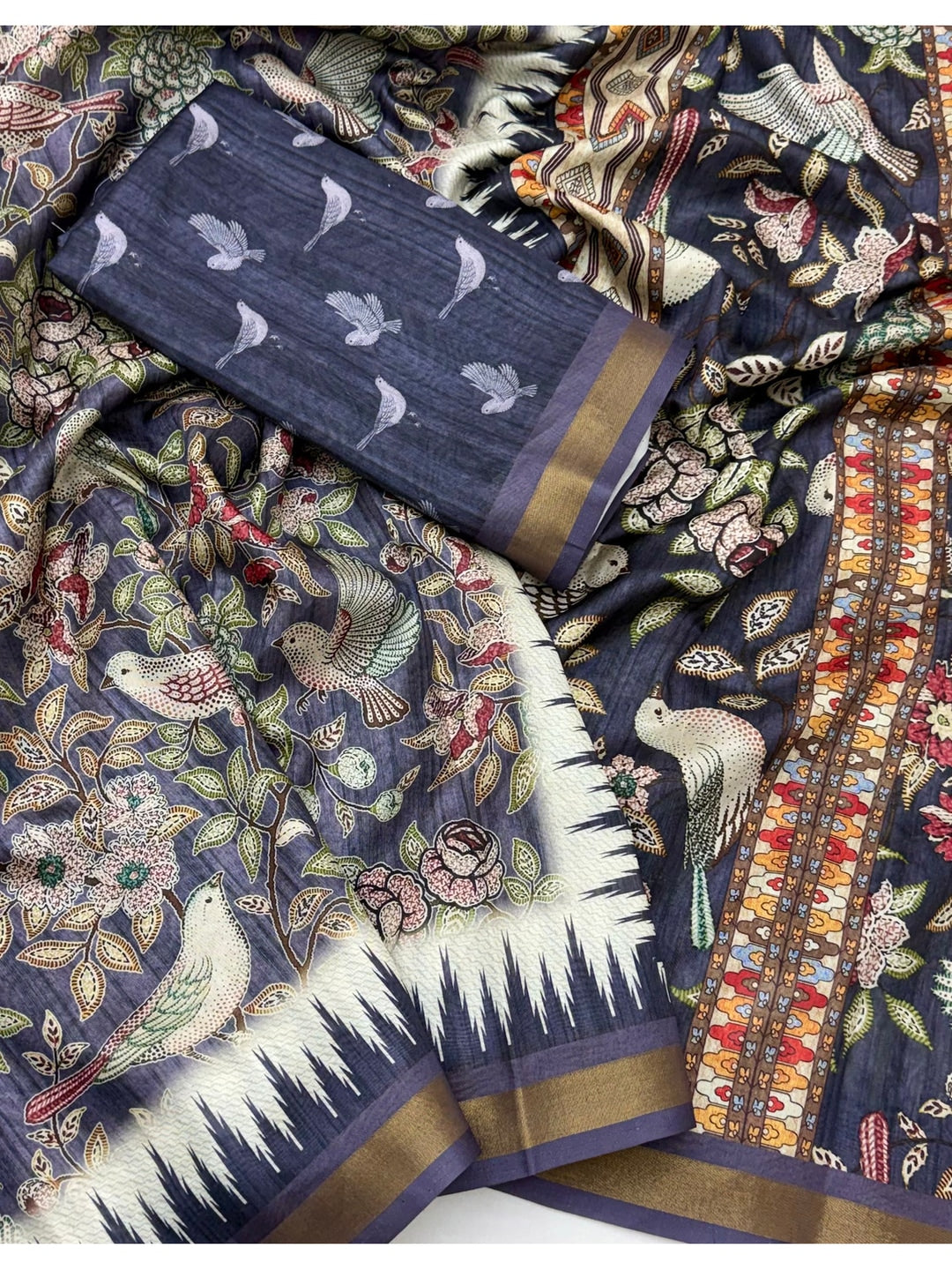 Peachmode Navy Blue Botanical Printed Silk Blend Saree - Image 4