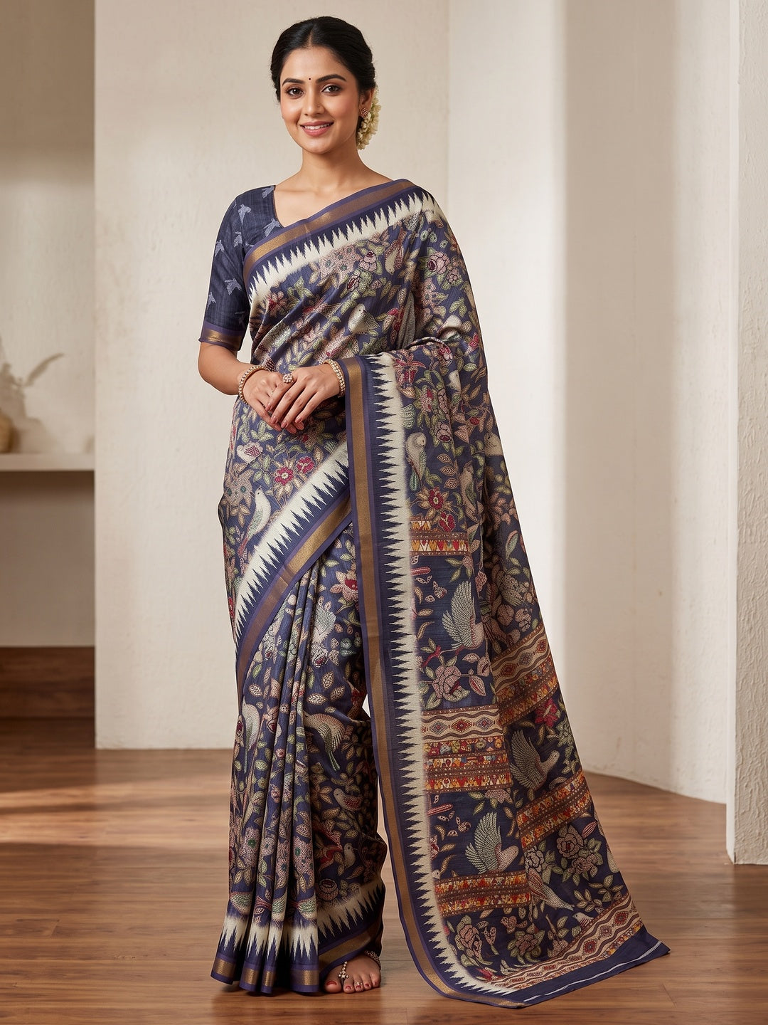 Peachmode Navy Blue Botanical Printed Silk Blend Saree - Image 1