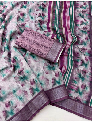 Peachmode Lavender Floral Printed Linen Saree - Image 2