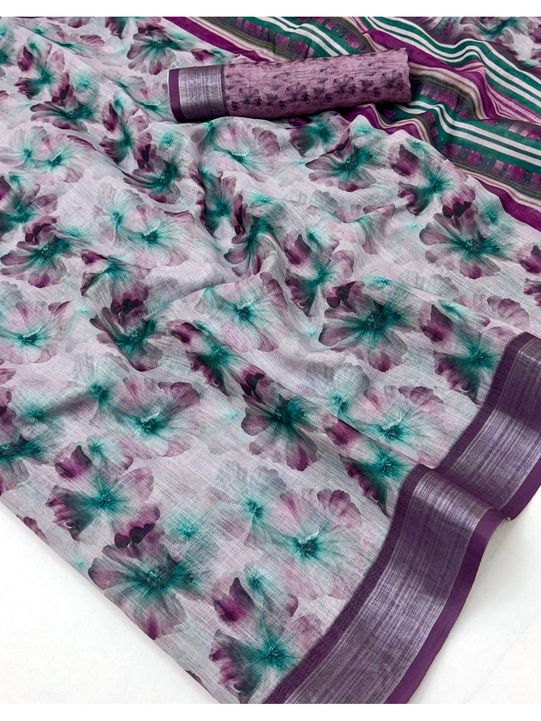 Peachmode Lavender Floral Printed Linen Saree - Image 5