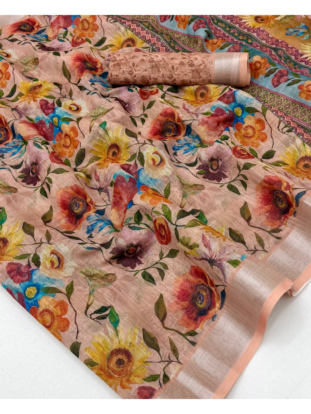 Peachmode Peach Floral Printed Linen Saree - Image 5