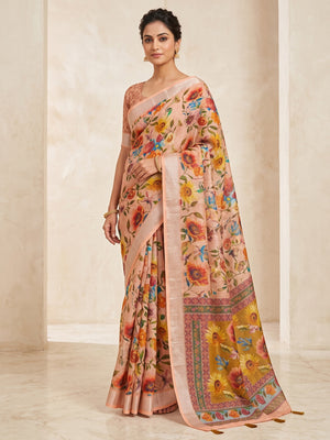 Peachmode Peach Floral Printed Linen Saree - Image 1