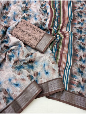 Peachmode Grey Blue Floral Printed Linen Saree - Image 2