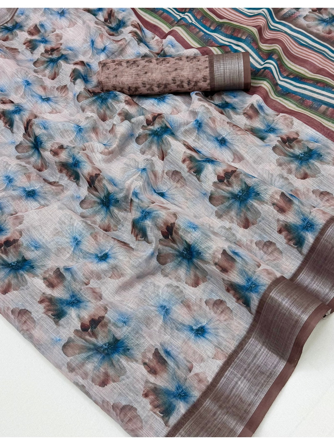 Peachmode Grey Blue Floral Printed Linen Saree - Image 5