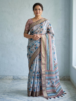 Peachmode Grey Blue Floral Printed Linen Saree - Image 1