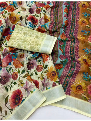 Peachmode Cream Floral Printed Linen Saree - Image 2