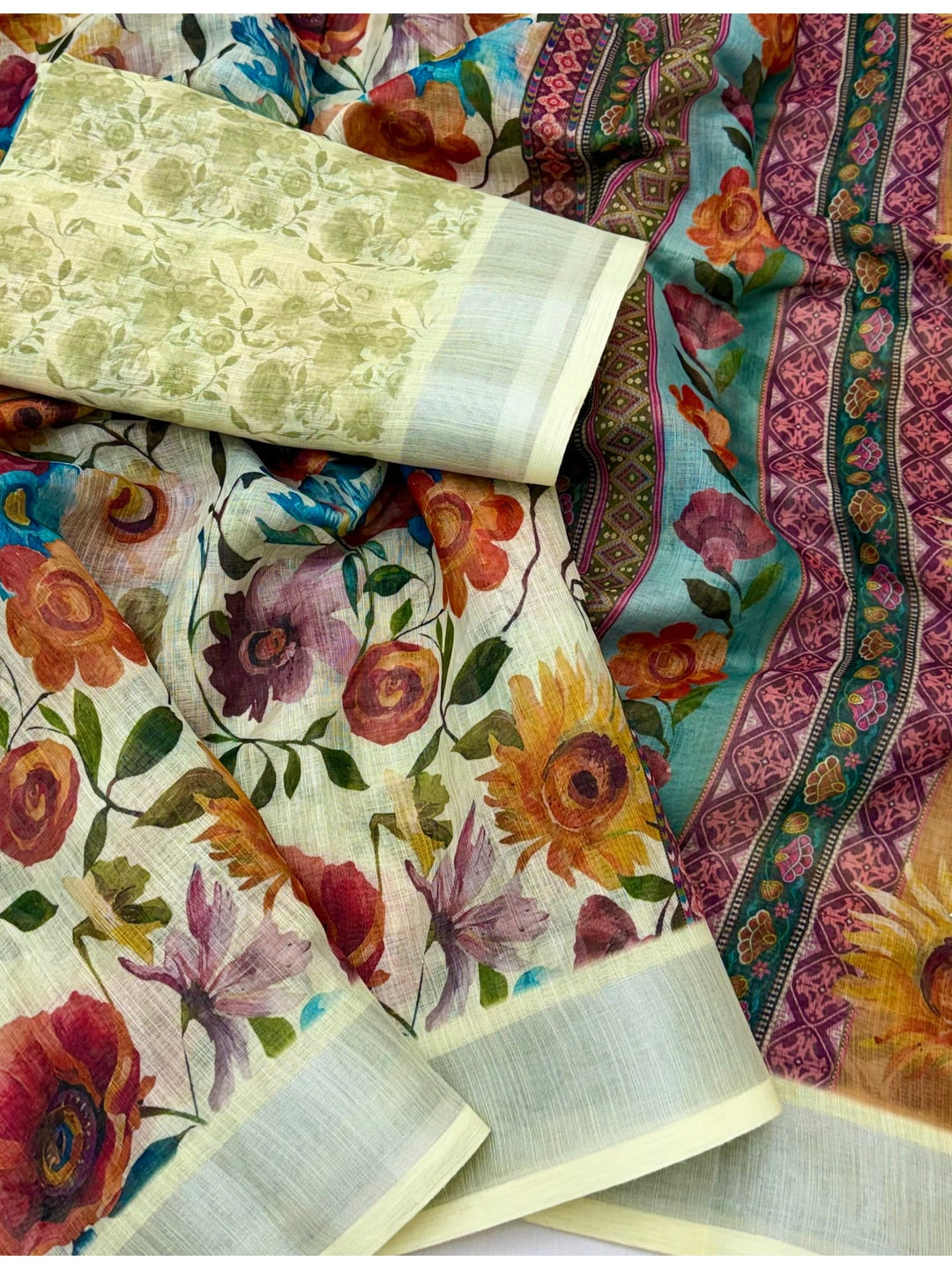 Peachmode Cream Floral Printed Linen Saree - Image 4