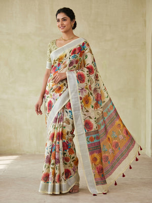 Peachmode Cream Floral Printed Linen Saree - Image 1