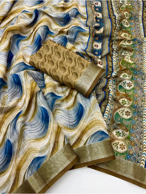 Peachmode Blue Gold Abstract Printed Linen Saree - Image 2