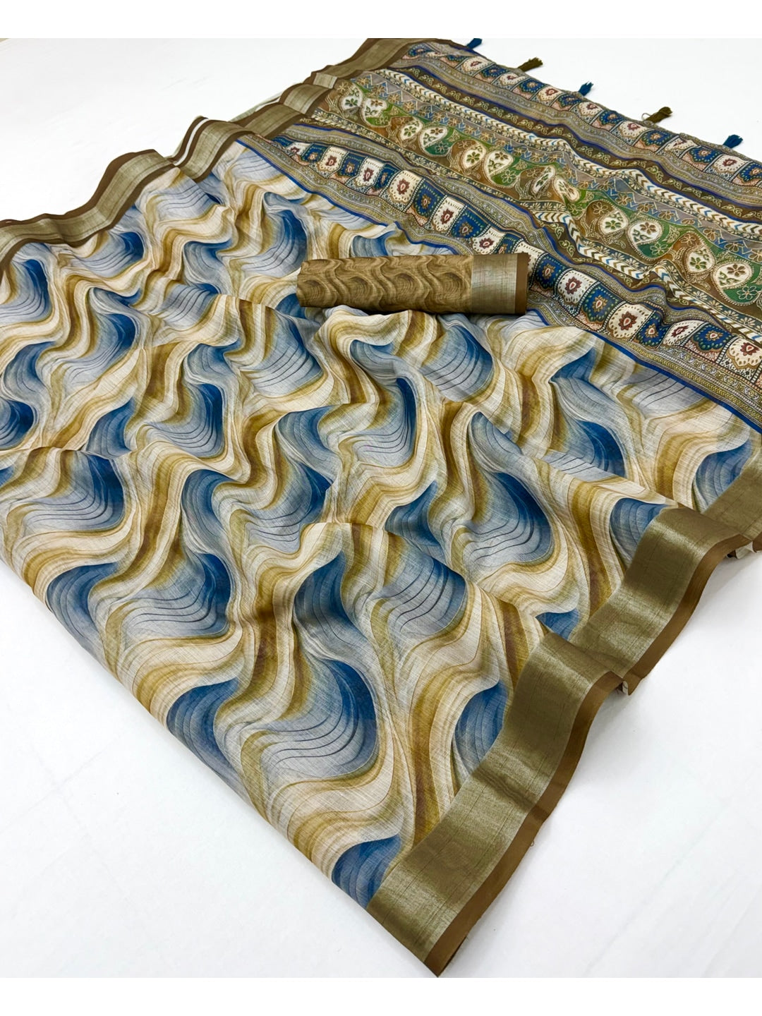 Peachmode Blue Gold Abstract Printed Linen Saree - Image 3