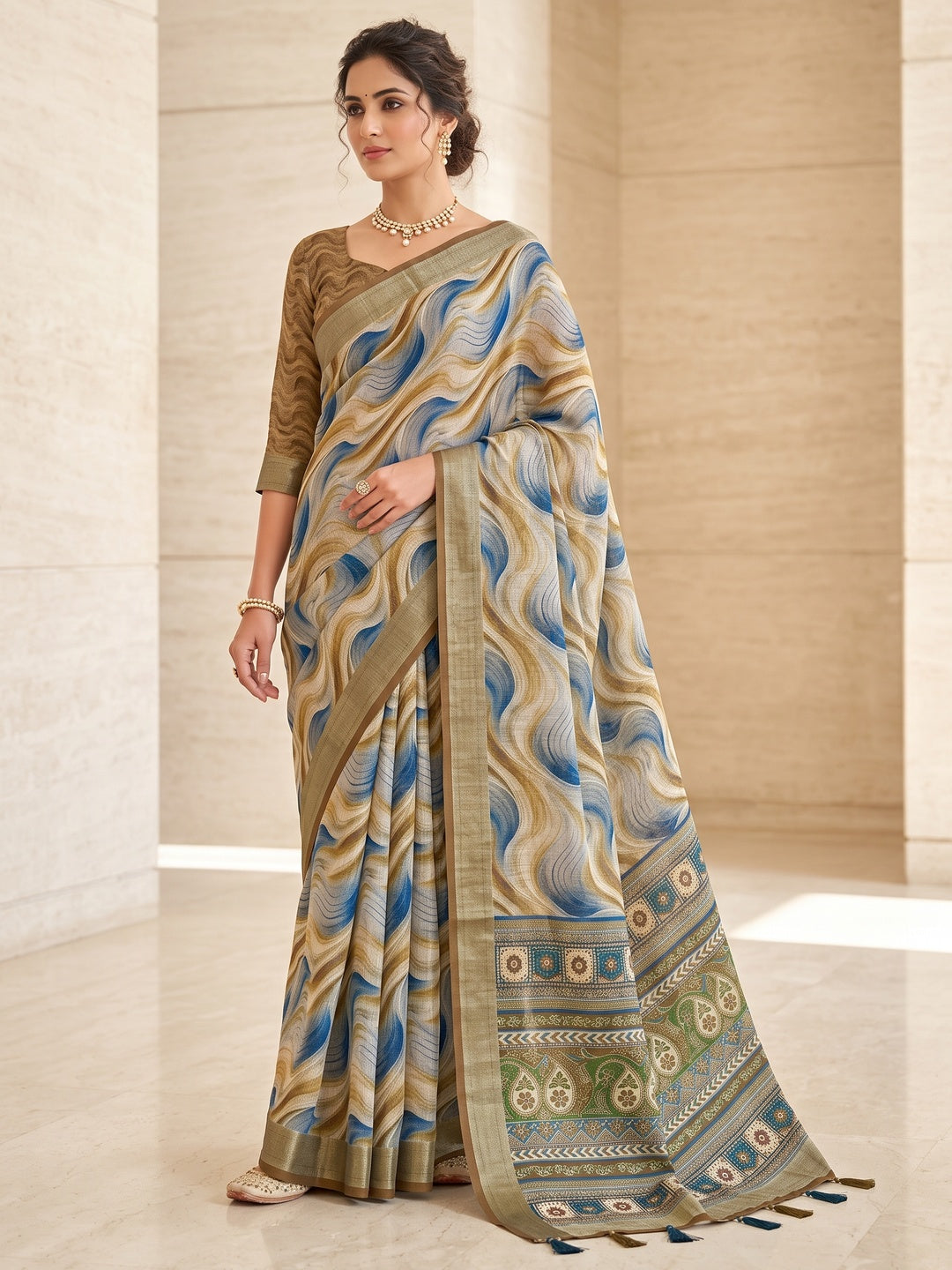 Peachmode Blue Gold Abstract Printed Linen Saree - Image 1