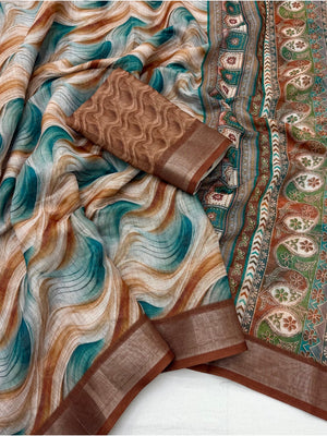 Peachmode Brown Teal Abstract Printed Linen Saree - Image 2