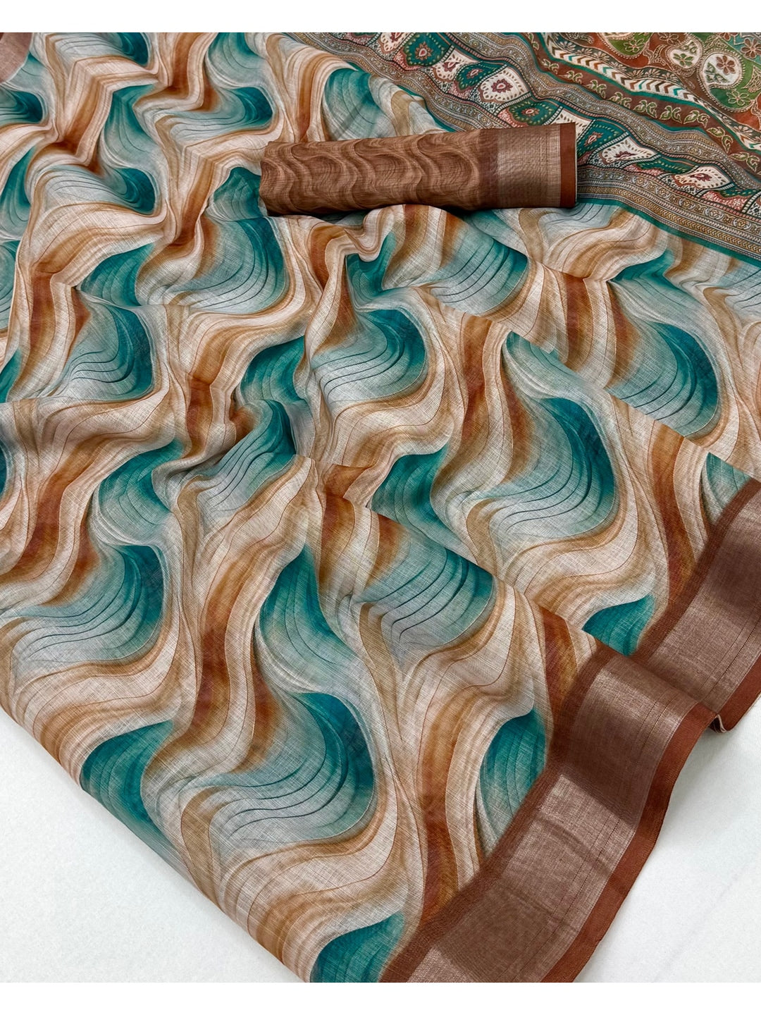 Peachmode Brown Teal Abstract Printed Linen Saree - Image 5
