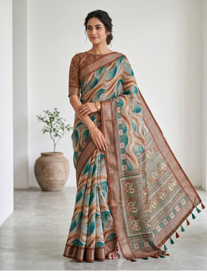Peachmode Brown Teal Abstract Printed Linen Saree - Image 1