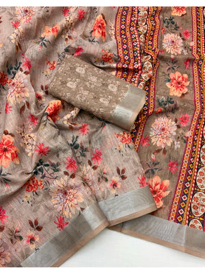 Peachmode Grey Floral Printed Linen Saree - Image 2