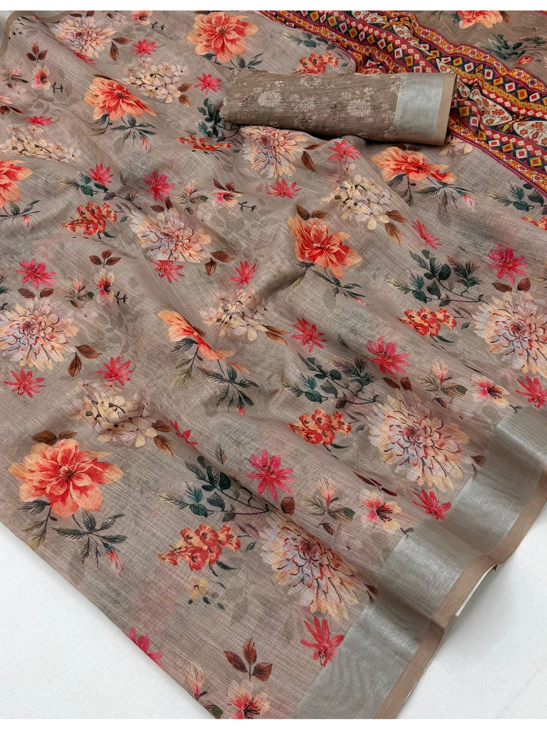 Peachmode Grey Floral Printed Linen Saree - Image 5