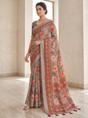 Peachmode Grey Floral Printed Linen Saree - Image 1