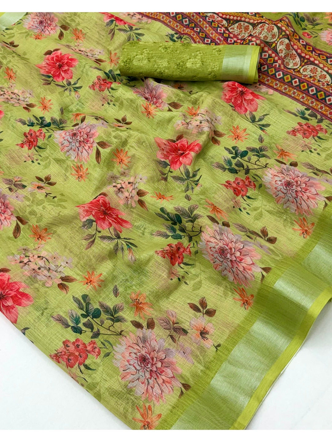 Peachmode Lime Green Floral Printed Linen Saree - Image 5