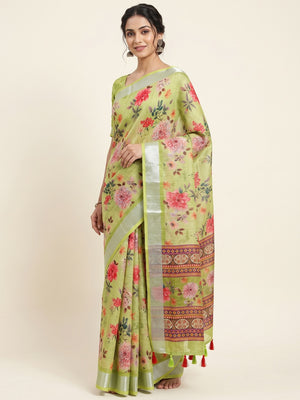 Peachmode Lime Green Floral Printed Linen Saree - Image 1