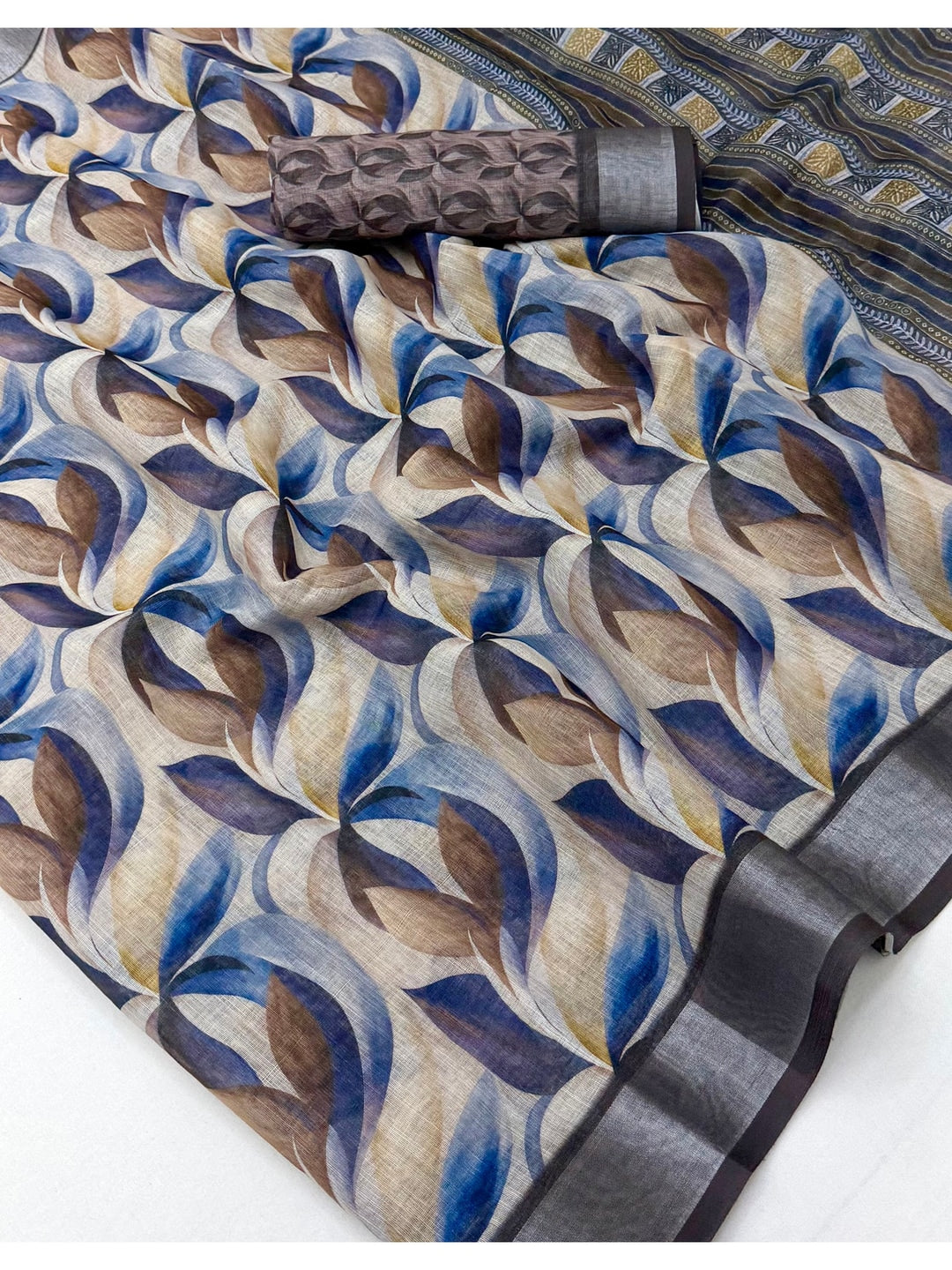 Peachmode Blue Grey Abstract Printed Linen Saree - Image 5