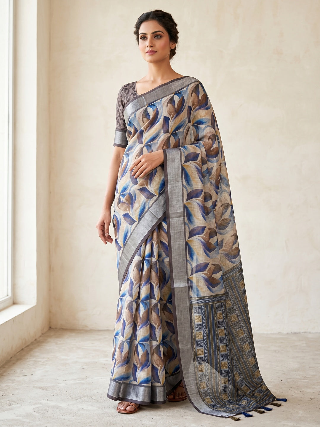 Peachmode Blue Grey Abstract Printed Linen Saree - Image 1