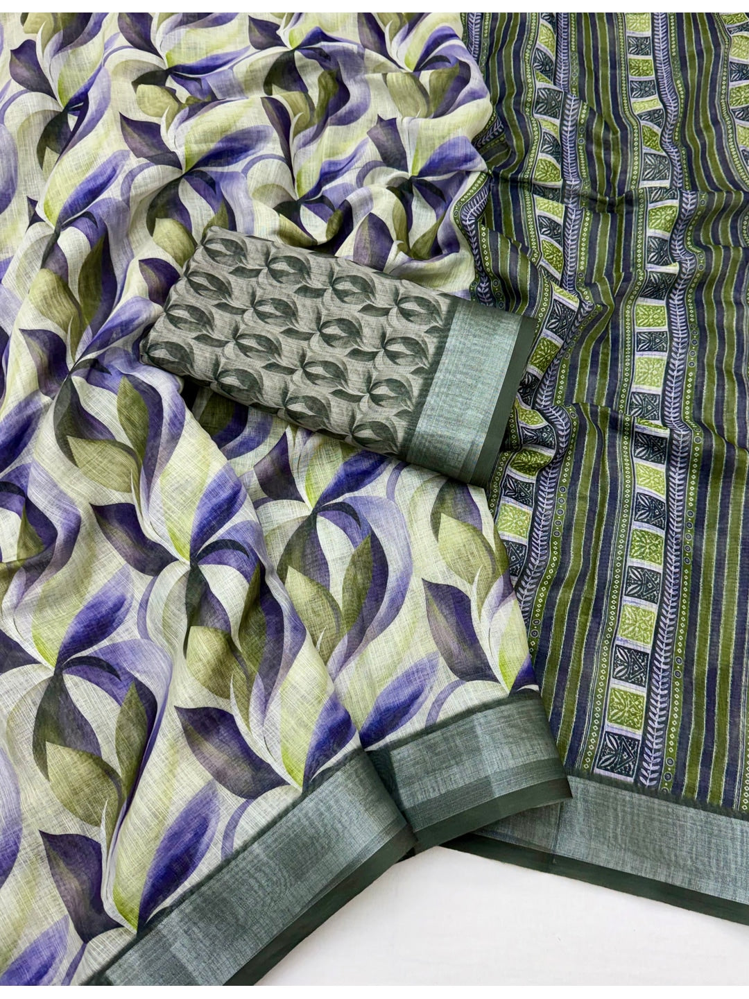 Peachmode Green Purple Abstract Printed Linen Saree - Image 2