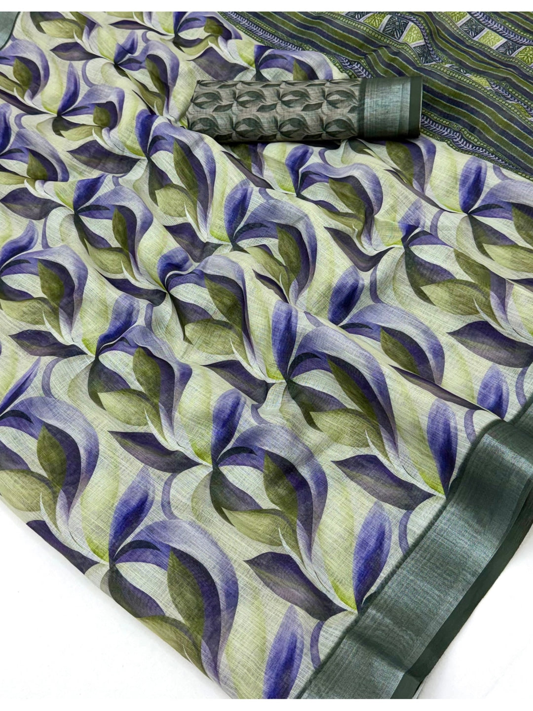Peachmode Green Purple Abstract Printed Linen Saree - Image 5